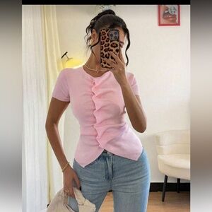 Fitted Crinkle Asymmetrical Button Design Women Knit Top, For Spring/Autumn